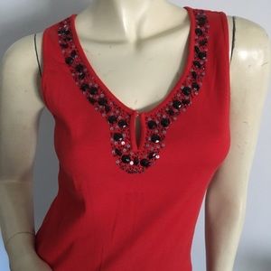 New red ribbed tank top with black Beaded neckline